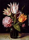 A Still Life With A Bouquet Of Tulips, A Rose, Clover And A Cylclamen In A Green Glass Bottle by Ambrosius Bosschaert the Elder